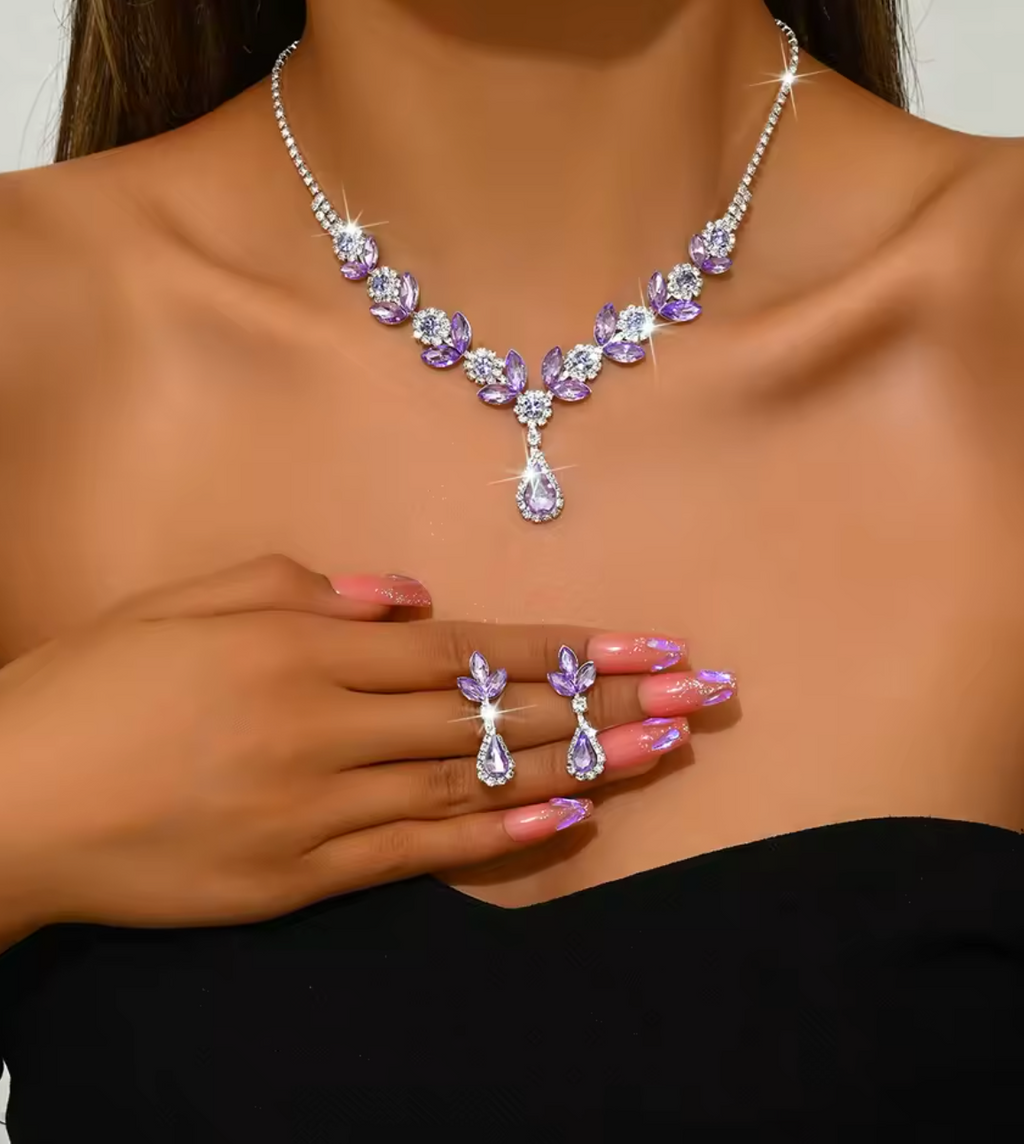 3PCS Purple Shiny Waterdrop Jewelry Set for Women