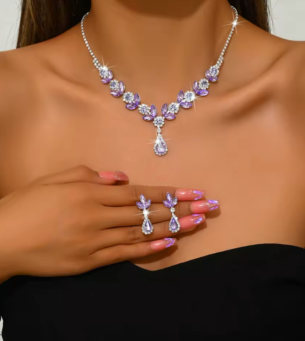 3PCS Purple Shiny Waterdrop Jewelry Set for Women
